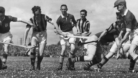 Leinster Championship 1947 in Portlaoise. From left: Andy Dwyer (D), Paddy O'Brien, S Óg Ó Ceallacháin (D), Padraig Lennon, Dave Walsh (D), Shem Downey, Ned Dunphy (D).