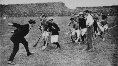 Michael Collins, himself a fine hurler, throws in the ball at the start of the 1921 Leinster Hurling Final. From left: Michael Collins, Joe Coyne (originally Dicksboro - lived/hurled Dublin), Paddy Donoghue, Mattie Power, Ref John Dunphy.