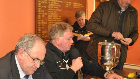 County secretary Ned Quinn records, as County Chairman Paul Kinsella calls out the teams in the Michael Lyng Intermediate Hurling championship draw.