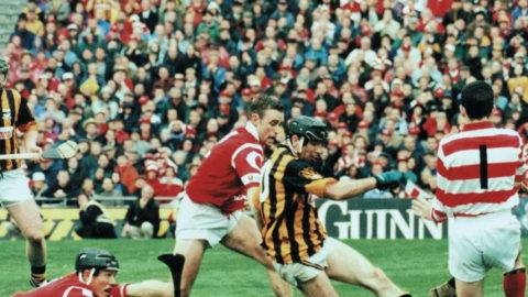 Henry Shefflin watches as DJ Carey almost kicks a goal past Cork Goalie, Donal Ã“g Cusack in the 1999 All Ireland Final. Photo Sportsfile